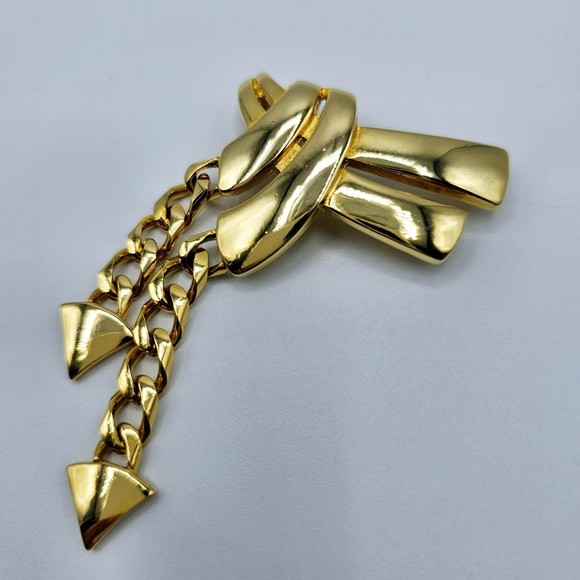 Art Deco Brooch Dangle Cuban Links Goldtone Vintage Statement Pin Large - Picture 5 of 7